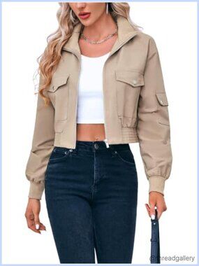 Women's Cropped Bomber Jacket Lightweight Zip Up Short Coat Casual
